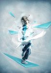 A person is dancing in the air with blue triangles.